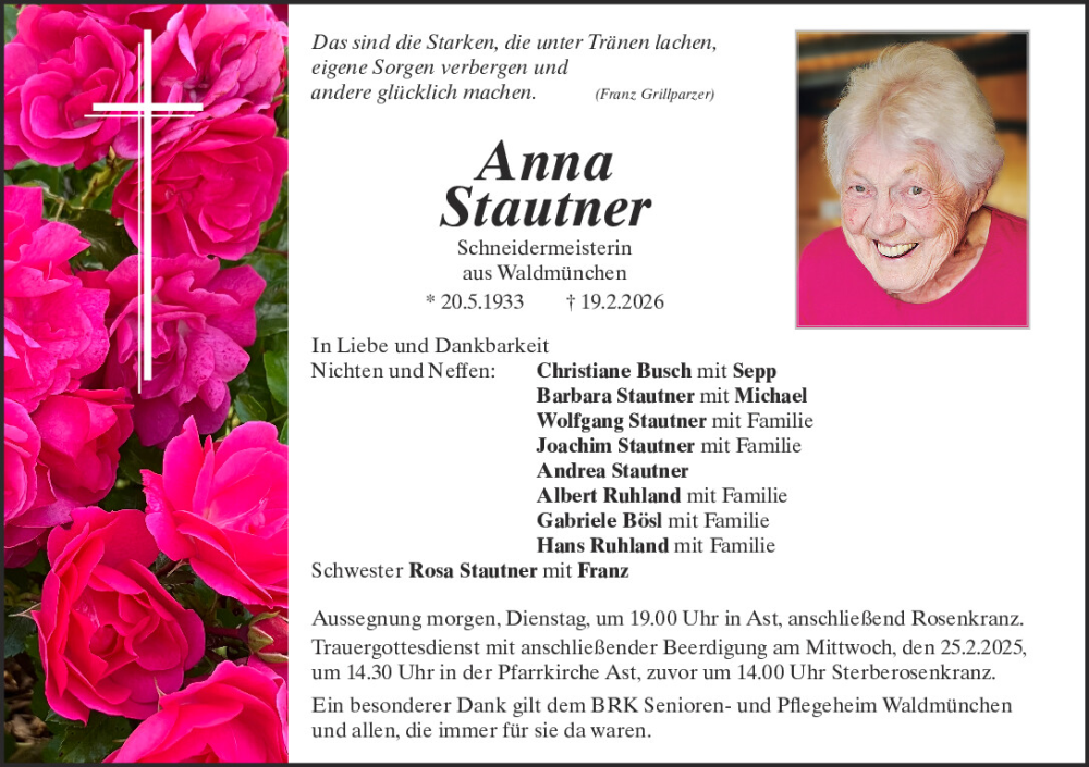  Traueranzeige für Anna Stautner vom 23.02.2026 aus Bayerwald Echo