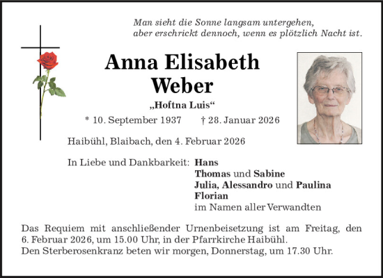 Traueranzeige von Anna Elisabeth Weber von Bayerwald Echo