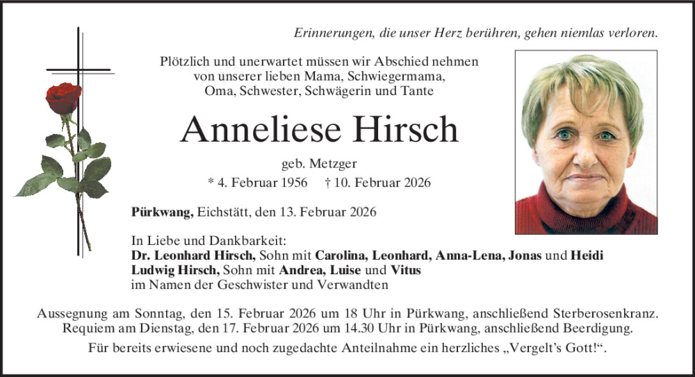  Traueranzeige für Anneliese Hirsch vom 14.02.2026 aus Mittelbayerische Zeitung Kelheim