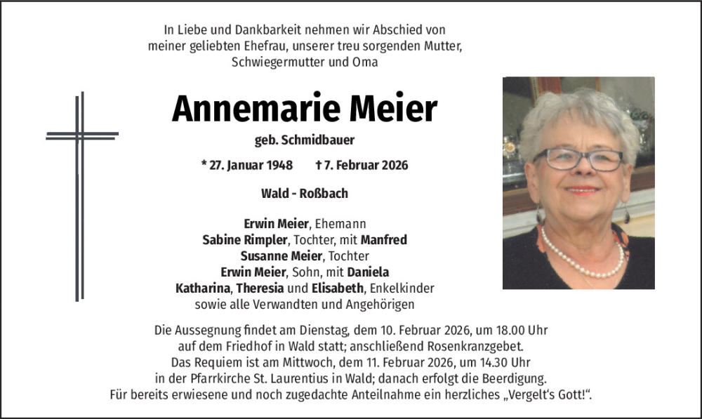  Traueranzeige für Annemarie Meier vom 10.02.2026 aus Bayerwald Echo