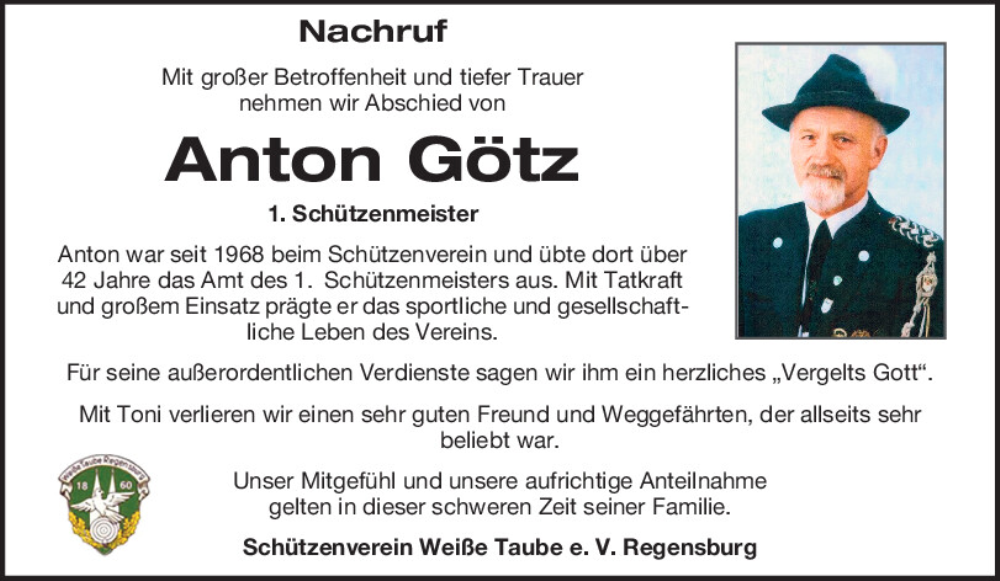  Traueranzeige für Anton Götz vom 13.02.2026 aus Mittelbayerische Zeitung Regensburg