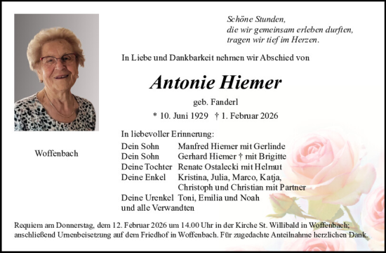 Traueranzeige von Antonie Hiemer von Neumarkter Tagblatt