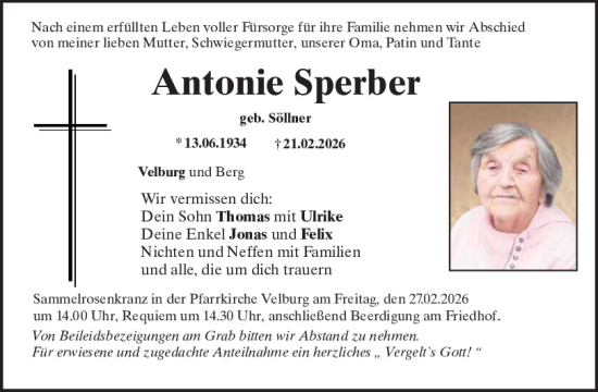 Traueranzeige von Antonie Sperber von Neumarkter Tagblatt