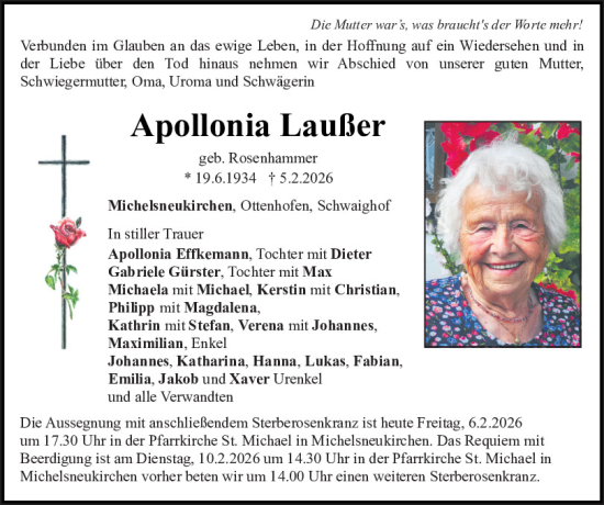 Traueranzeige von Apollonia Laußer von Bayerwald Echo