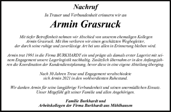Traueranzeige von Armin Grasruck von Neumarkter Tagblatt