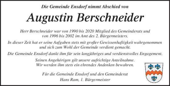 Traueranzeige von Augustin Berschneider von Mittelbayerische Zeitung Schwandorf