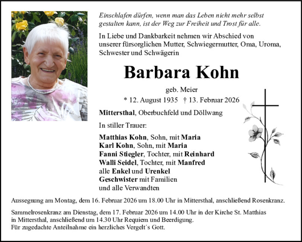  Traueranzeige für Barbara Kohn vom 14.02.2026 aus Neumarkter Tagblatt