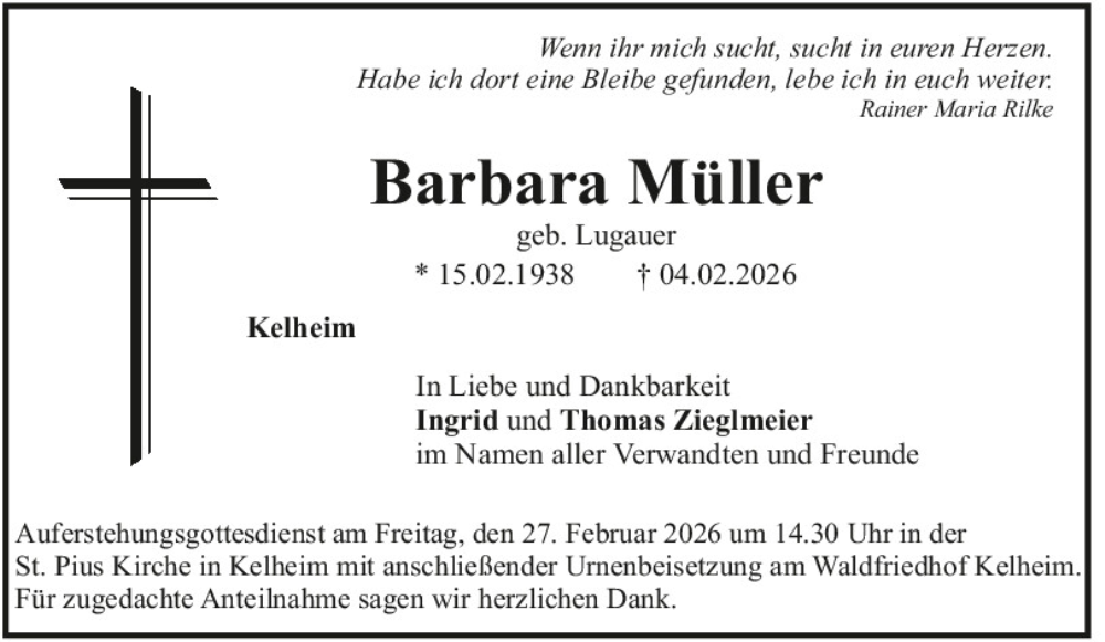  Traueranzeige für Barbara Müller vom 24.02.2026 aus Mittelbayerische Zeitung Kelheim