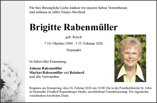 Traueranzeige von Brigitte Rabenmüller von Neumarkter Tagblatt