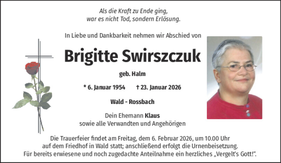 Traueranzeige von Brigitte Swirszczuk von Bayerwald Echo