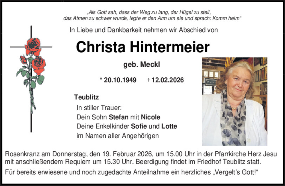  Traueranzeige für Christa Hintermeier vom 17.02.2026 aus Mittelbayerische Zeitung Schwandorf
