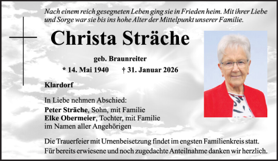Traueranzeige von Christa Sträche von Mittelbayerische Zeitung Schwandorf