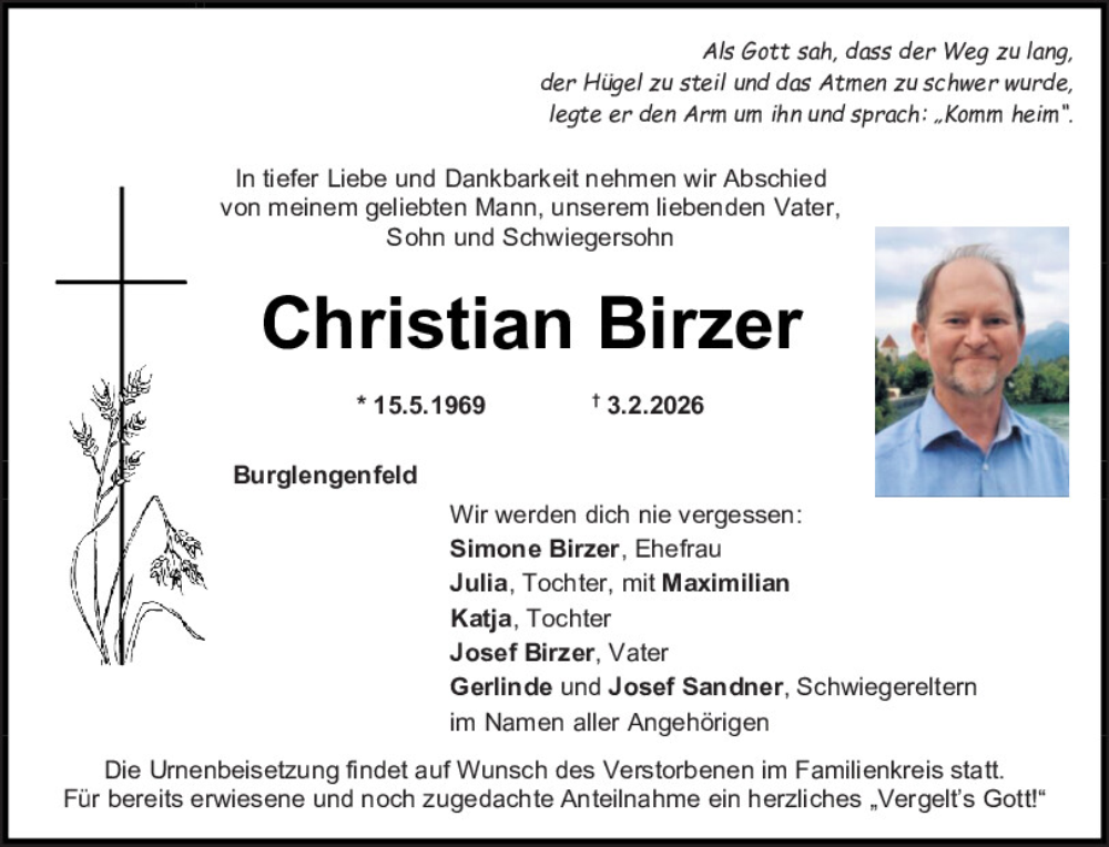  Traueranzeige für Christian Birzer vom 07.02.2026 aus Mittelbayerische Zeitung Schwandorf