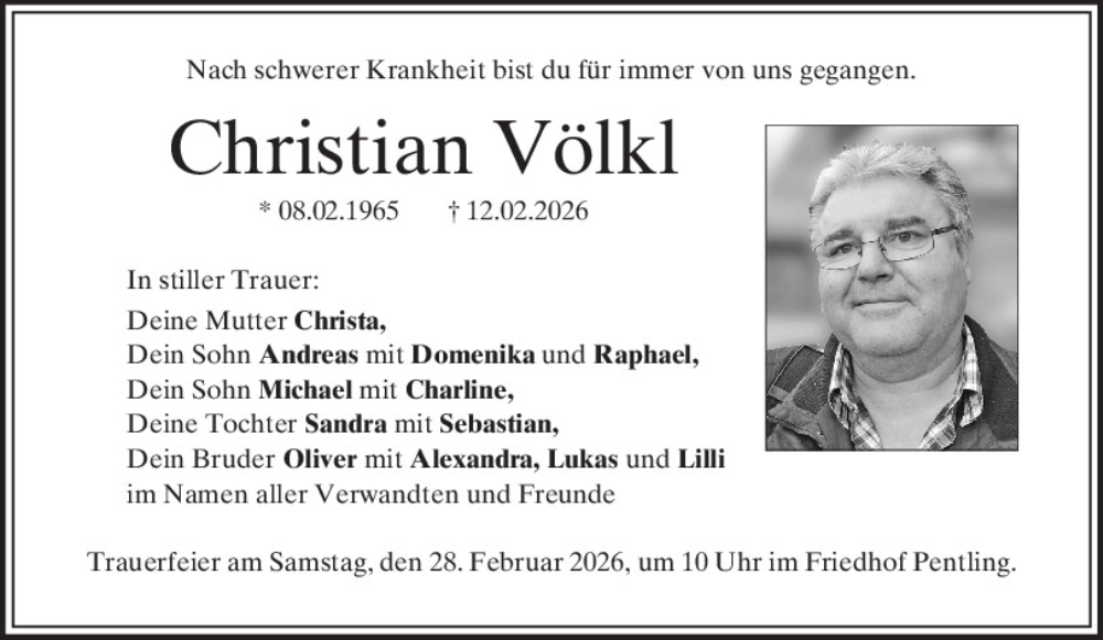  Traueranzeige für Christian Völkl vom 21.02.2026 aus Mittelbayerische Zeitung Regensburg