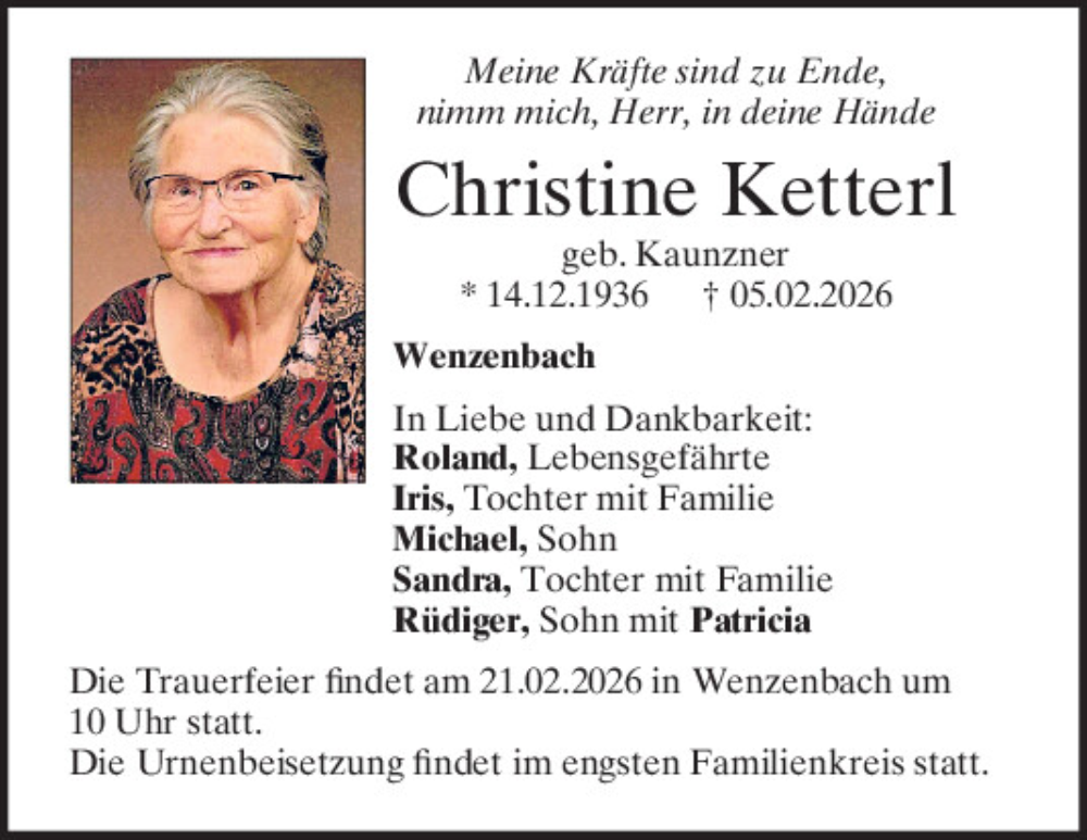  Traueranzeige für Christine Ketterl vom 14.02.2026 aus Mittelbayerische Zeitung Regensburg