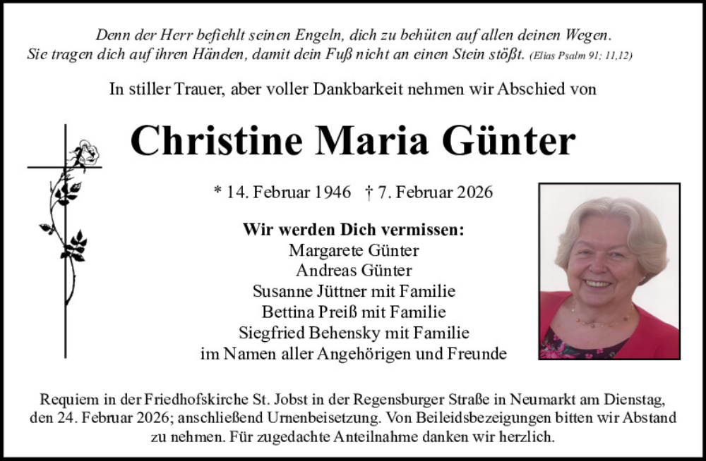  Traueranzeige für Christine Maria Günter vom 21.02.2026 aus Neumarkter Tagblatt