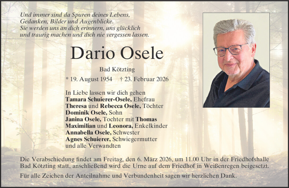  Traueranzeige für Dario Osele vom 28.02.2026 aus Bayerwald Echo