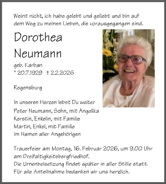Traueranzeige von Dorothea Neumann von Mittelbayerische Zeitung Regensburg