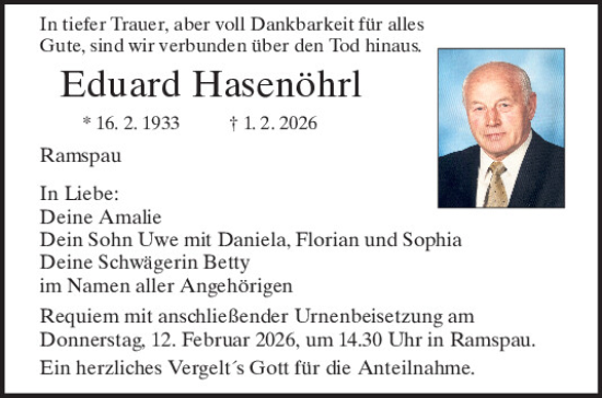 Traueranzeige von Eduard Hasenöhrl von Mittelbayerische Zeitung Regensburg