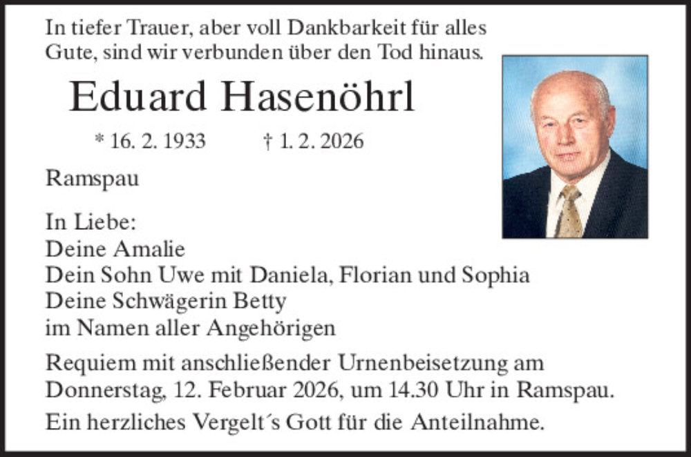  Traueranzeige für Eduard Hasenöhrl vom 09.02.2026 aus Mittelbayerische Zeitung Regensburg