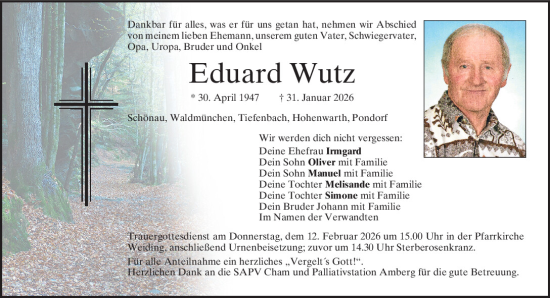 Traueranzeige von Eduard Wutz von Bayerwald Echo