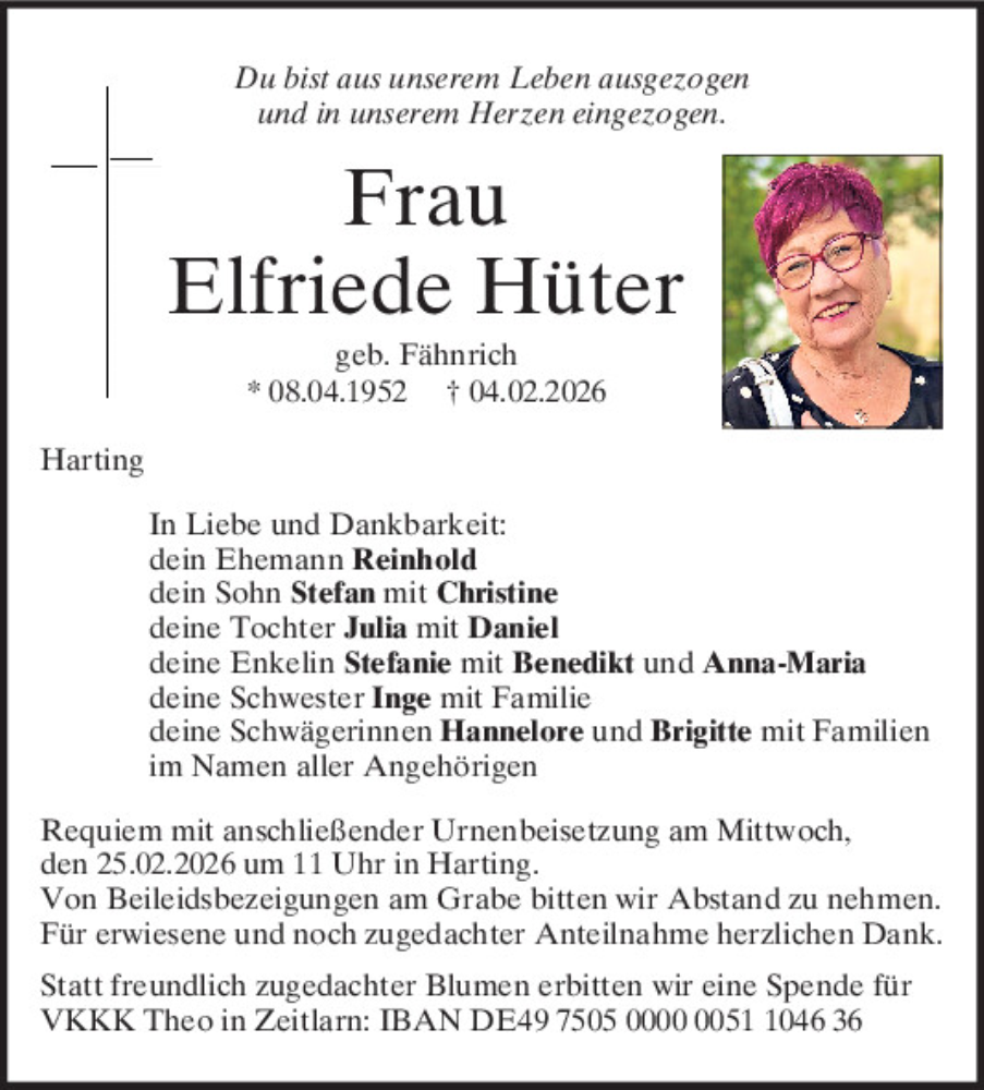  Traueranzeige für Elfriede Hüter vom 21.02.2026 aus Mittelbayerische Zeitung Regensburg