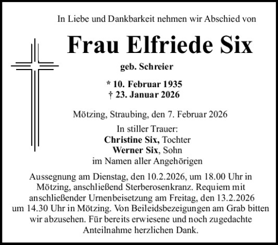 Traueranzeige von Elfriede Six von Mittelbayerische Zeitung Regensburg