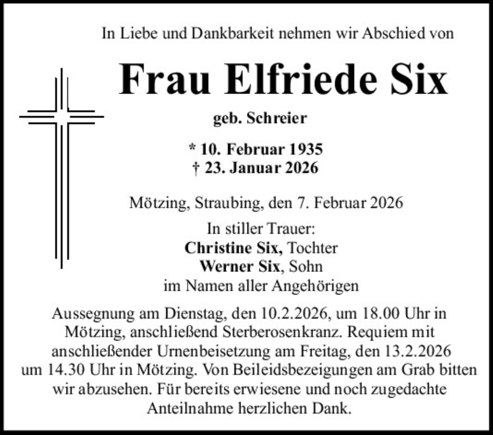  Traueranzeige für Elfriede Six vom 07.02.2026 aus Mittelbayerische Zeitung Regensburg