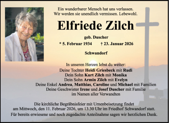 Traueranzeige von Elfriede Zilch von Mittelbayerische Zeitung Schwandorf