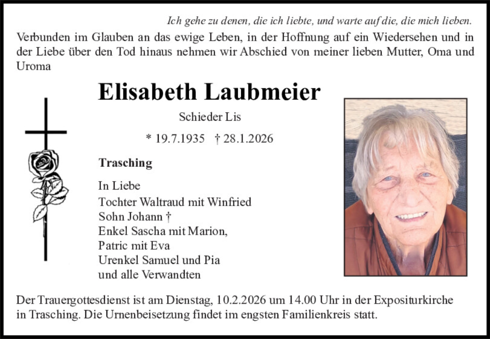  Traueranzeige für Elisabeth Laubmeier vom 07.02.2026 aus Bayerwald Echo