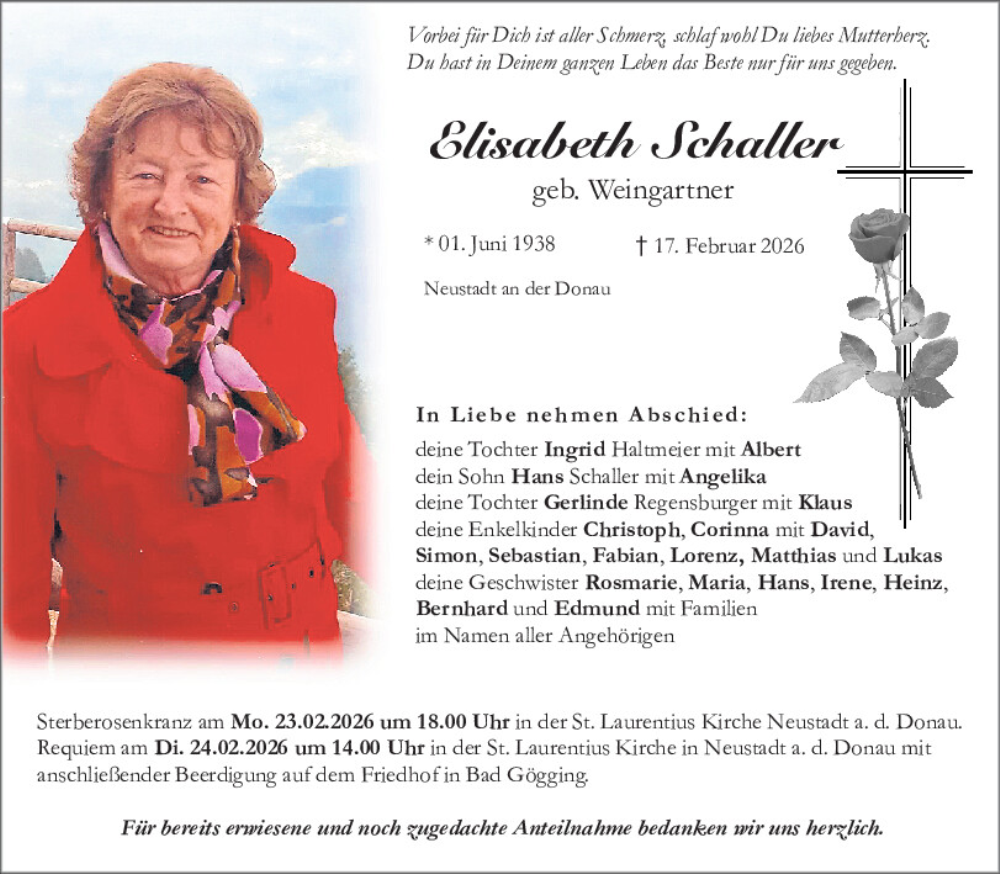  Traueranzeige für Elisabeth Schaller vom 21.02.2026 aus Mittelbayerische Zeitung Kelheim