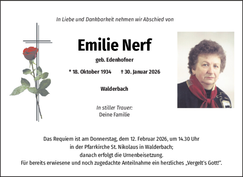  Traueranzeige für Emilie Nerf vom 11.02.2026 aus Bayerwald Echo