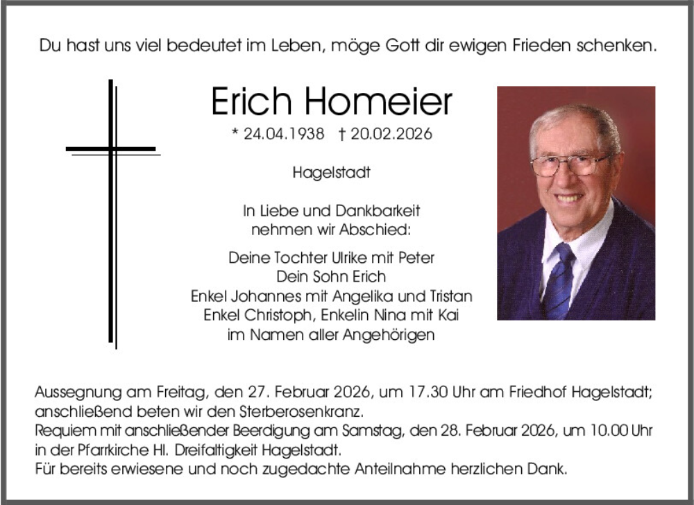  Traueranzeige für Erich Homeier vom 25.02.2026 aus Mittelbayerische Zeitung Regensburg