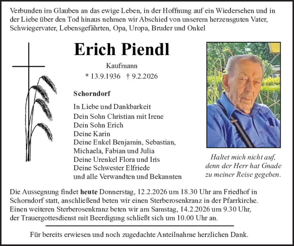  Traueranzeige für Erich Piendl vom 12.02.2026 aus Bayerwald Echo