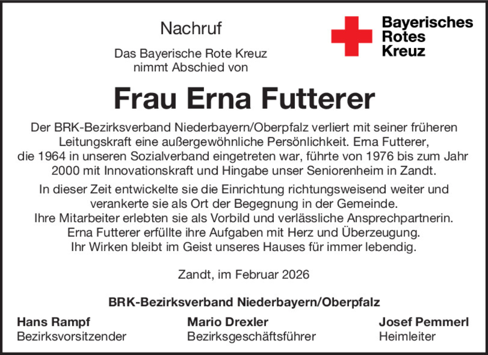  Traueranzeige für Erna Futterer vom 20.02.2026 aus Bayerwald Echo