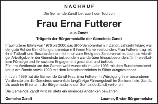 Traueranzeige von Erna Futterer von Bayerwald Echo