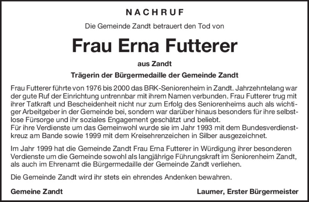  Traueranzeige für Erna Futterer vom 24.02.2026 aus Bayerwald Echo