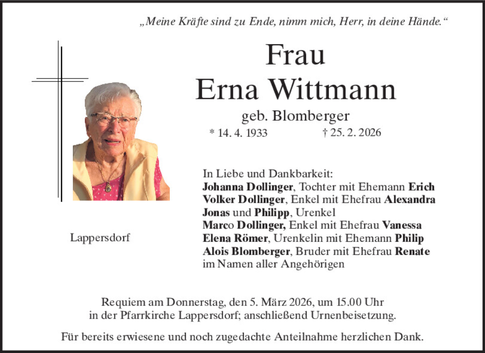  Traueranzeige für Erna Wittmann vom 28.02.2026 aus Mittelbayerische Zeitung Regensburg