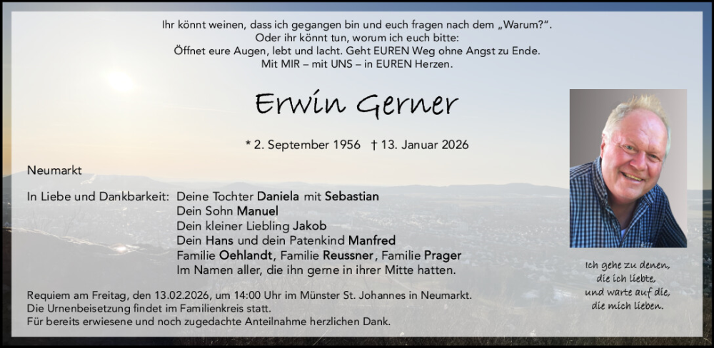  Traueranzeige für Erwin Gerner vom 11.02.2026 aus Neumarkter Tagblatt