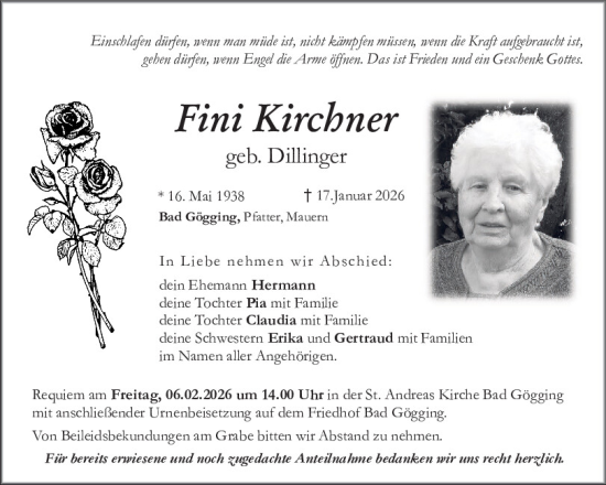Traueranzeige von Fini Kirchner von Mittelbayerische Zeitung Kelheim