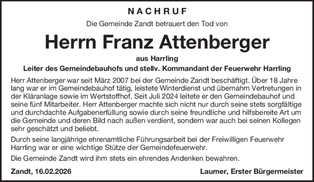  Traueranzeige für Franz Attenberger vom 16.02.2026 aus Bayerwald Echo
