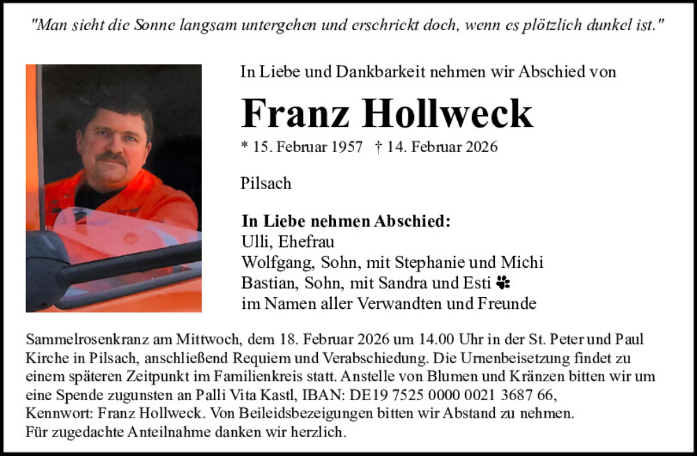  Traueranzeige für Franz Hollweck vom 17.02.2026 aus Neumarkter Tagblatt