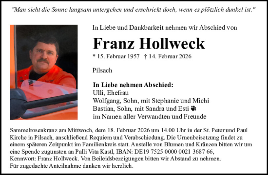 Traueranzeige von Franz Hollweck von Neumarkter Tagblatt