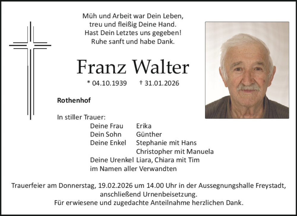  Traueranzeige für Franz Walter vom 14.02.2026 aus Neumarkter Tagblatt