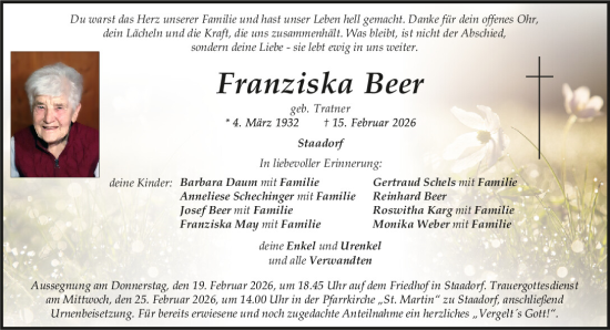 Traueranzeige von Franziska Beer von Neumarkter Tagblatt