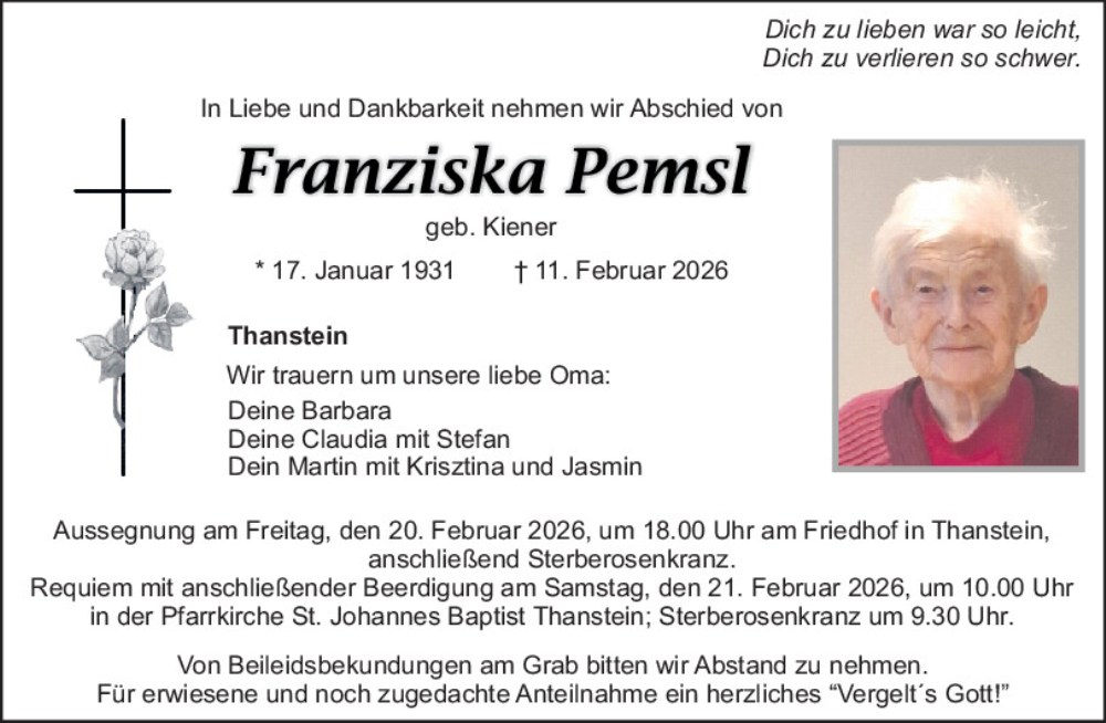  Traueranzeige für Franziska Pemsl vom 18.02.2026 aus Mittelbayerische Zeitung Schwandorf