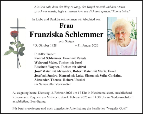 Traueranzeige von Franziska Schlemmer von Mittelbayerische Zeitung Kelheim