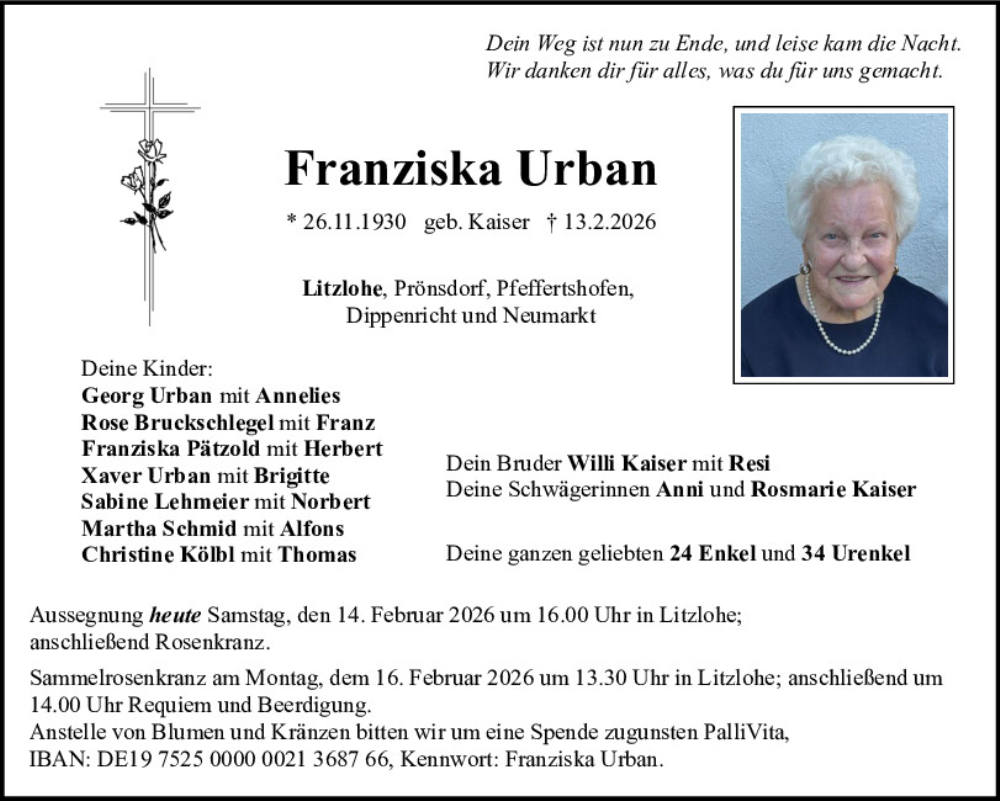  Traueranzeige für Franziska Urban vom 14.02.2026 aus Neumarkter Tagblatt