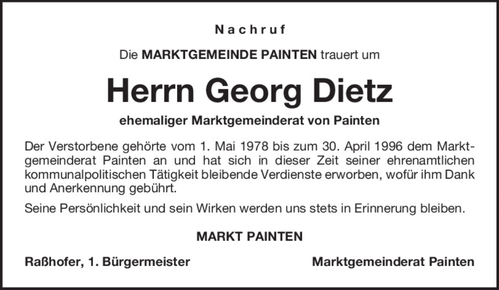  Traueranzeige für Georg Dietz vom 14.02.2026 aus Mittelbayerische Zeitung Kelheim