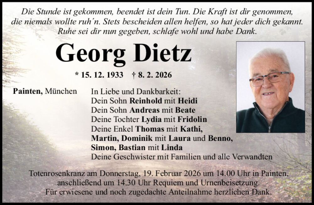  Traueranzeige für Georg Dietz vom 14.02.2026 aus Mittelbayerische Zeitung Kelheim